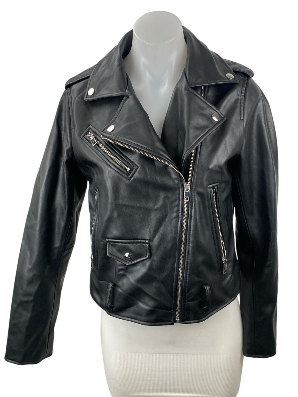 Zara Black Faux Vegan Leather Notch Collar Long Sleeve Moto Biker Coat Jacket M